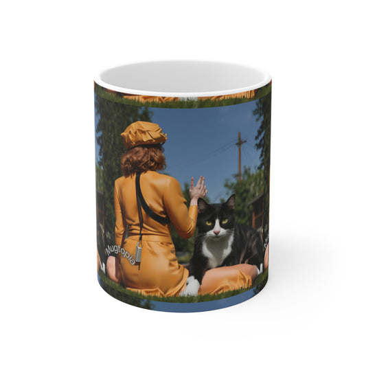 Mug 11oz - Sexy Woman in Yellow Dress with Cat Design