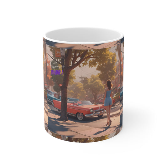 Mug 11oz - Young Woman Standing By A Red Car In Sunny Weather